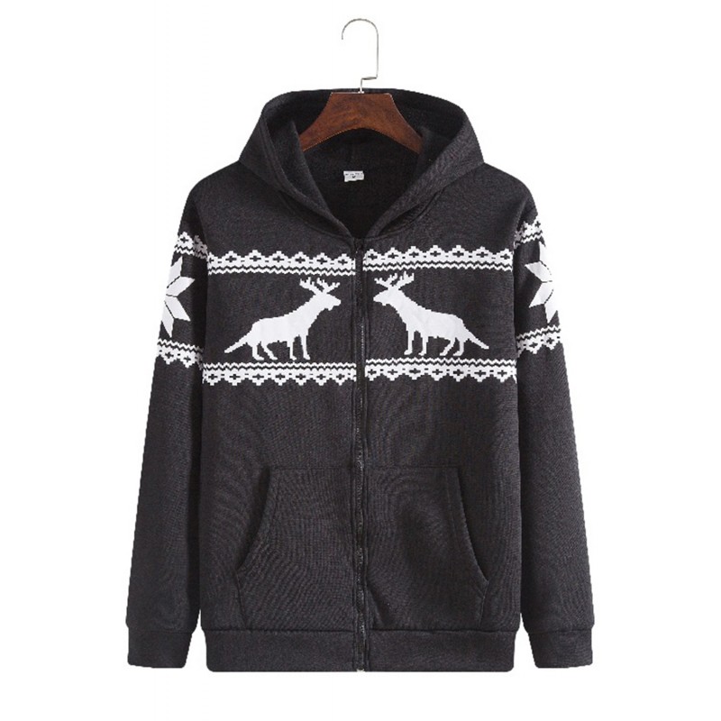 Black Christmas Reindeer Graphic Print Zip Up Men's Hoodie