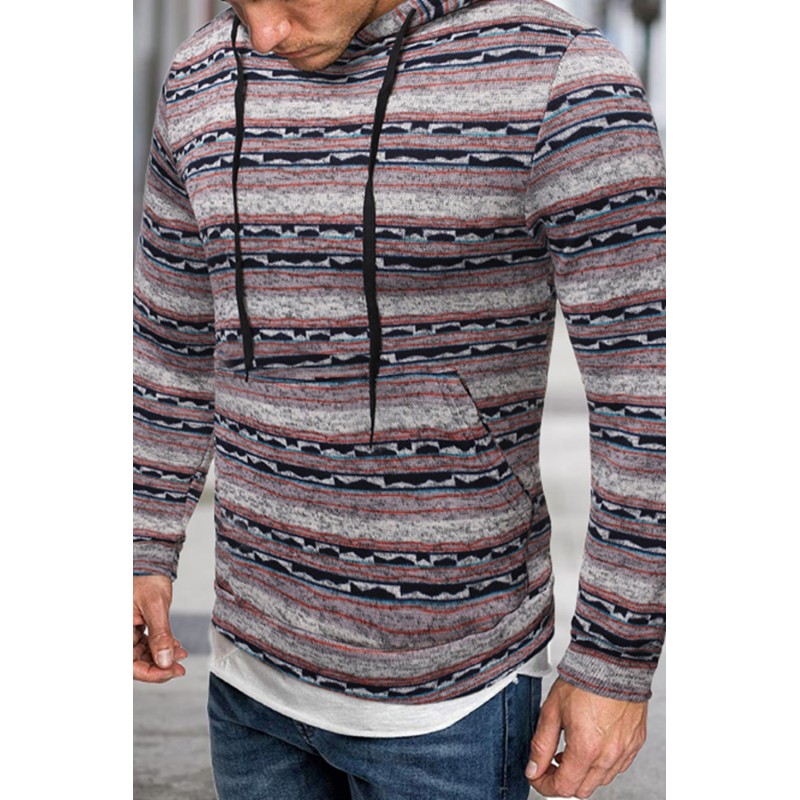 Red Tribal Print Kangaroo Pocket Men's Pullover Hoodie