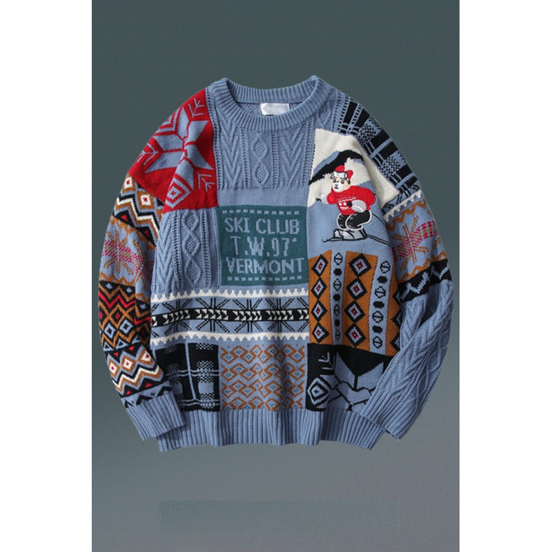 Blue Graphic Letter Christmas Knitted Men's Pullover Sweater