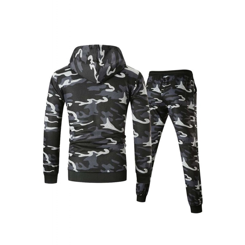 Men Camouflage Print & Drawstring Hoodie Tracksuit