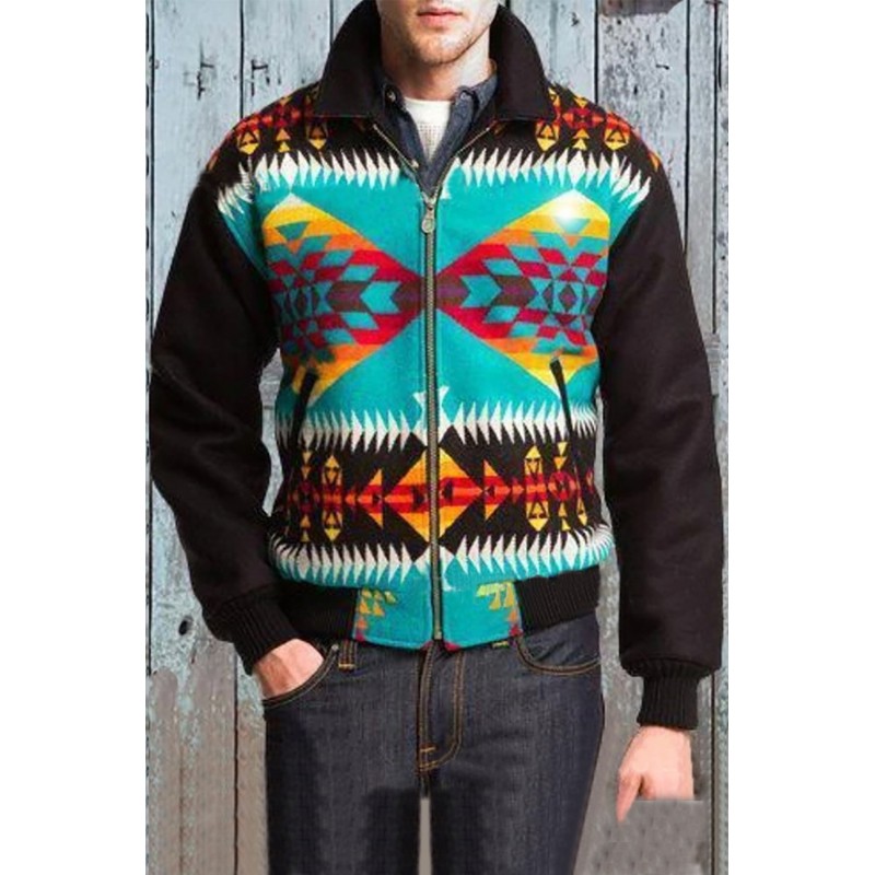 Aztec Print Zip-up Stand Collar Men's Coat