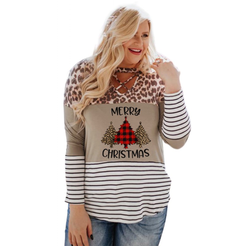 Christmas Letter Leopard Striped Color Block Top