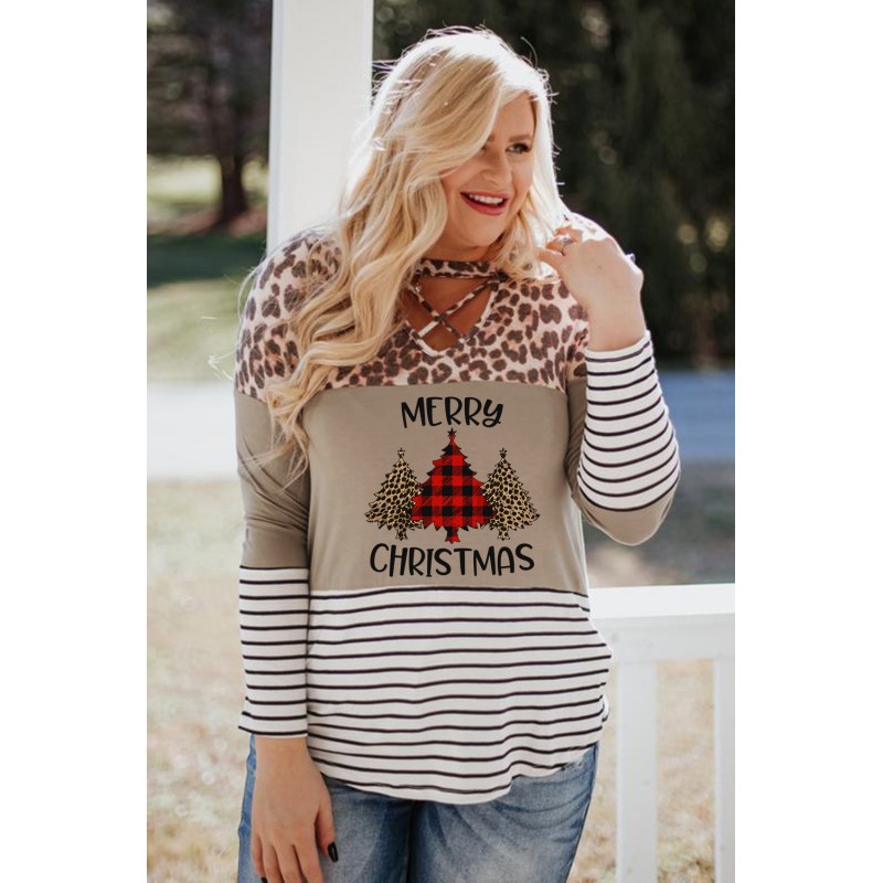 Christmas Letter Leopard Striped Color Block Top