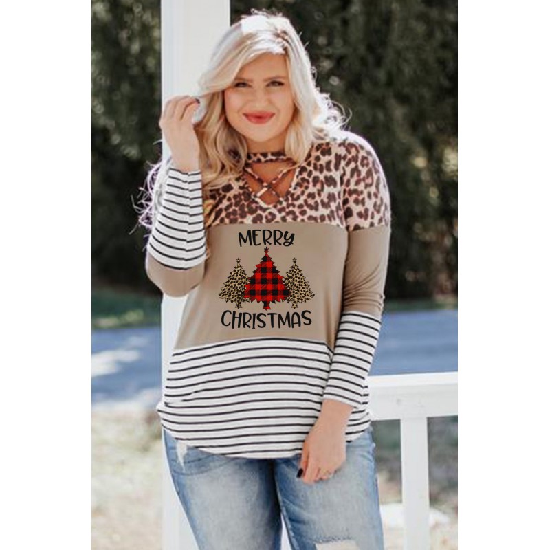 Christmas Letter Leopard Striped Color Block Top