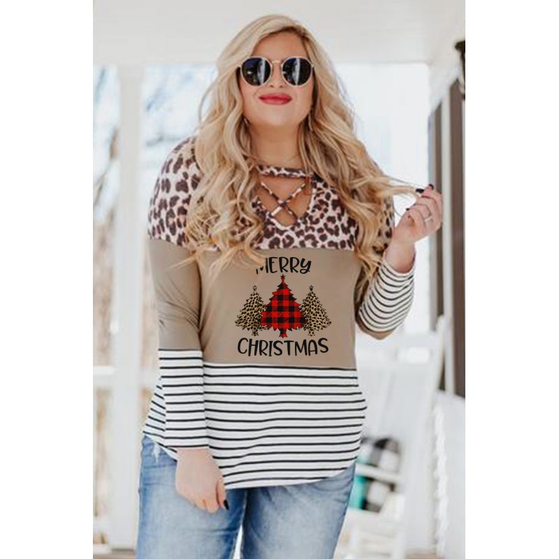 Christmas Letter Leopard Striped Color Block Top