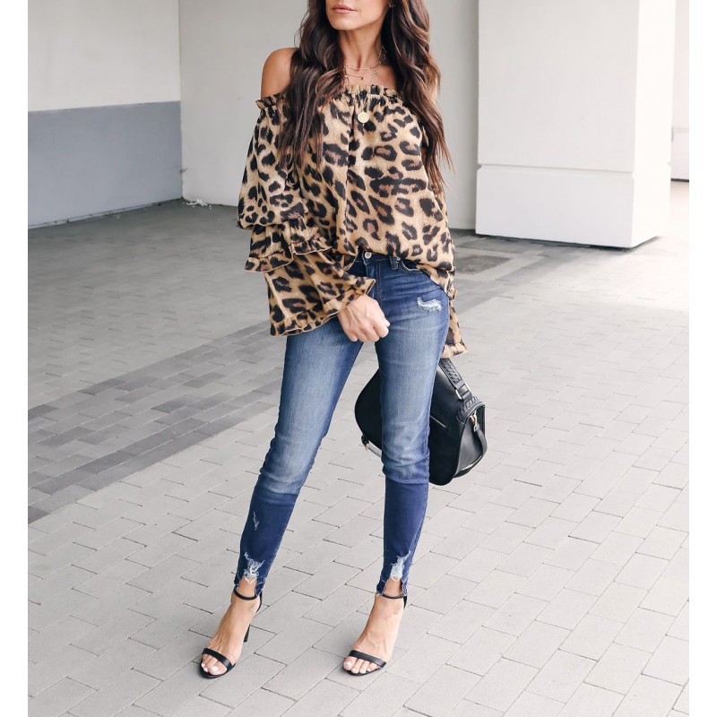 Wildlife Leopard Print Off Shoulder Ruffle Top