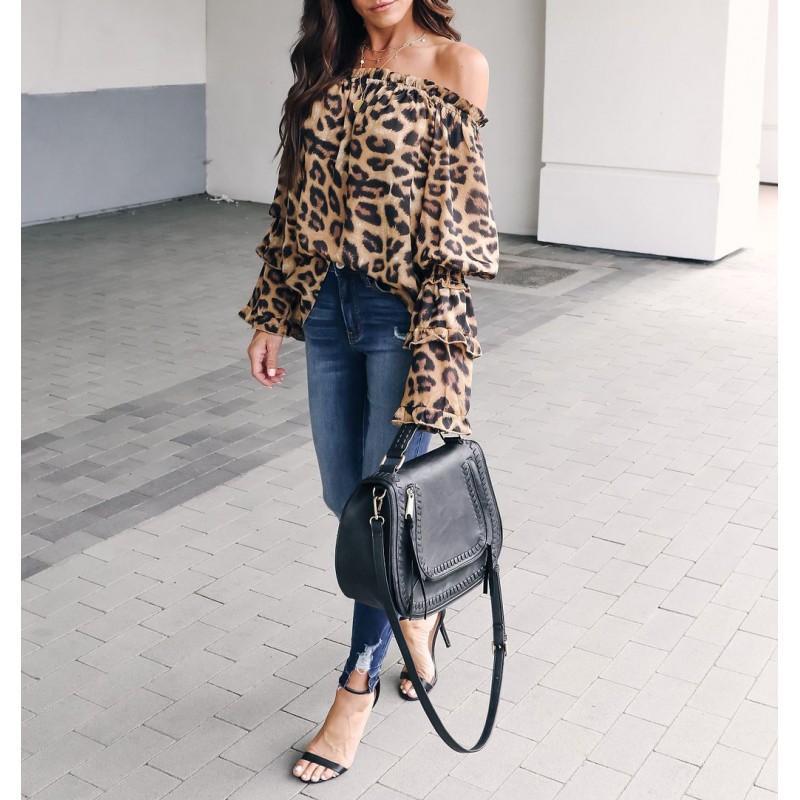 Wildlife Leopard Print Off Shoulder Ruffle Top