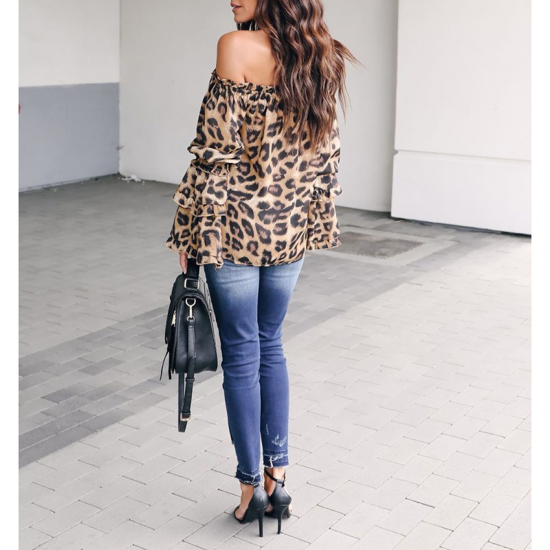 Wildlife Leopard Print Off Shoulder Ruffle Top