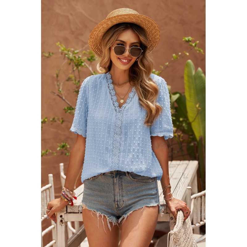 Sky Blue Lace Splicing V-Neck Swiss Dot Short Sleeve Top