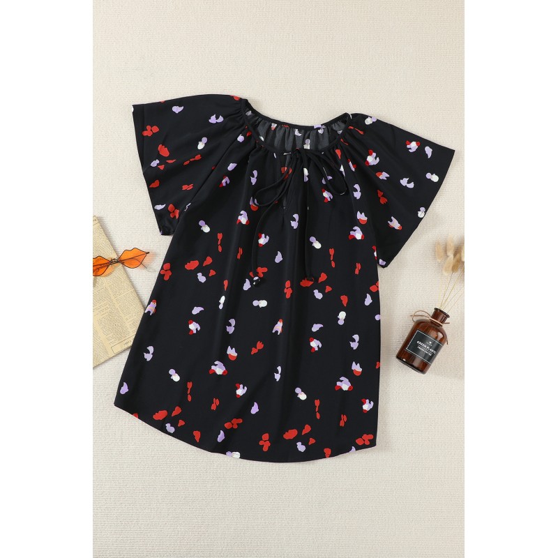 Black V-neck Short Sleeve Fashion Print Fantasy Fluttering Blouse