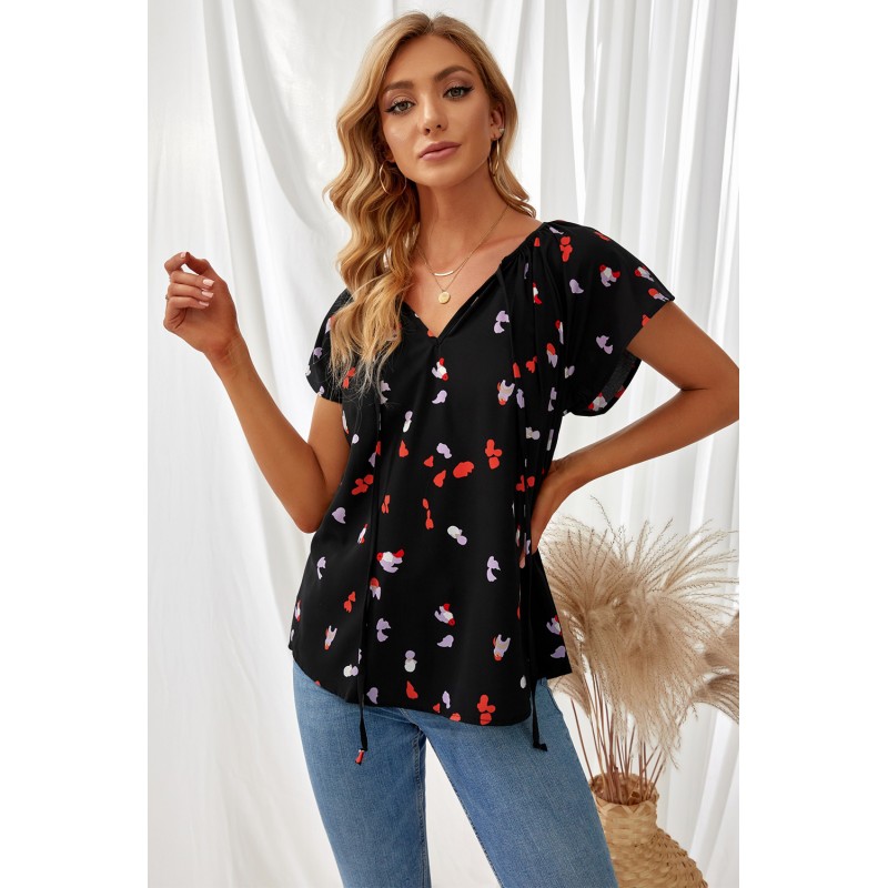 Black V-neck Short Sleeve Fashion Print Fantasy Fluttering Blouse