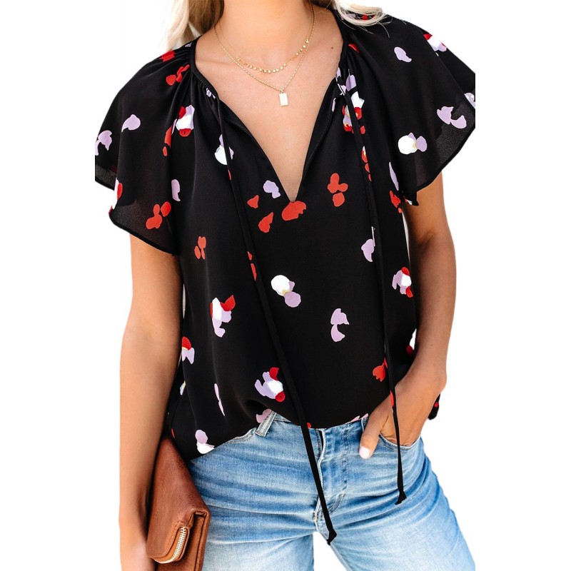 Black V-neck Short Sleeve Fashion Print Fantasy Fluttering Blouse