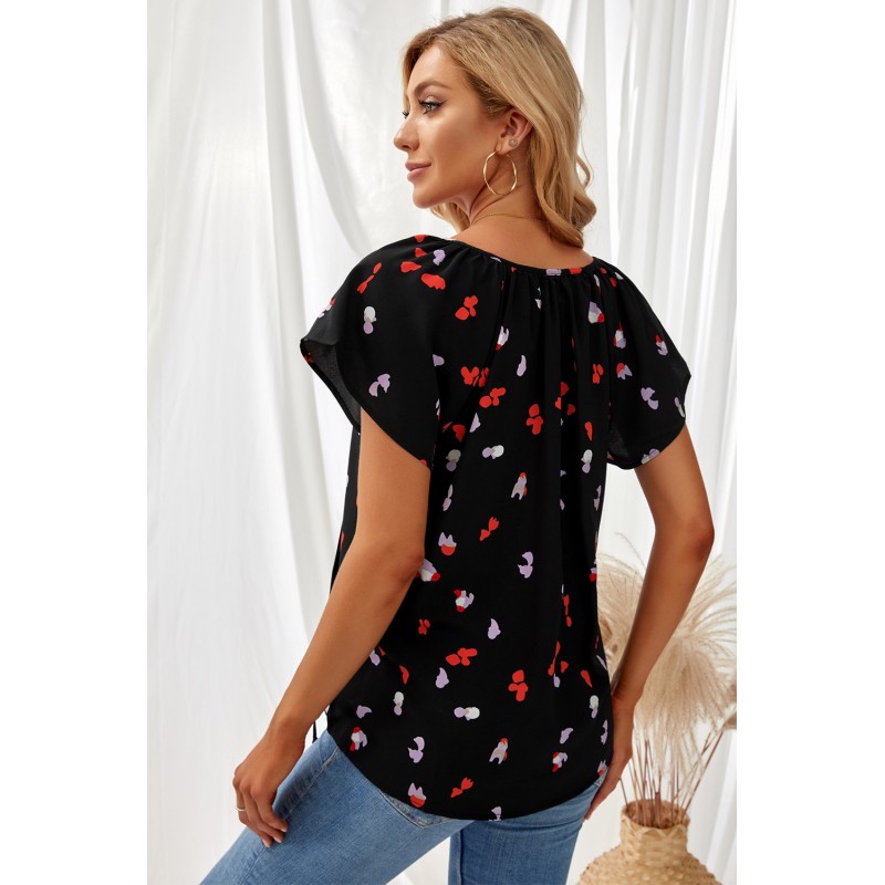 Black V-neck Short Sleeve Fashion Print Fantasy Fluttering Blouse