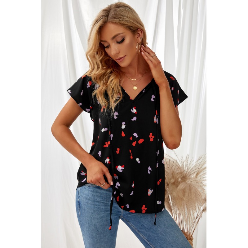 Black V-neck Short Sleeve Fashion Print Fantasy Fluttering Blouse