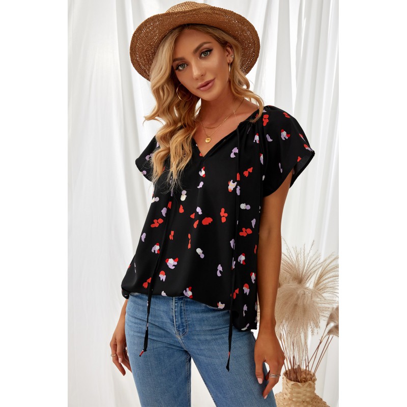 Black V-neck Short Sleeve Fashion Print Fantasy Fluttering Blouse