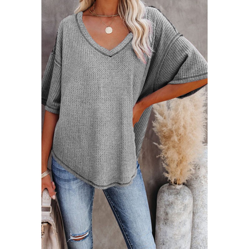 Gray V-Neck Thermal Knit Top