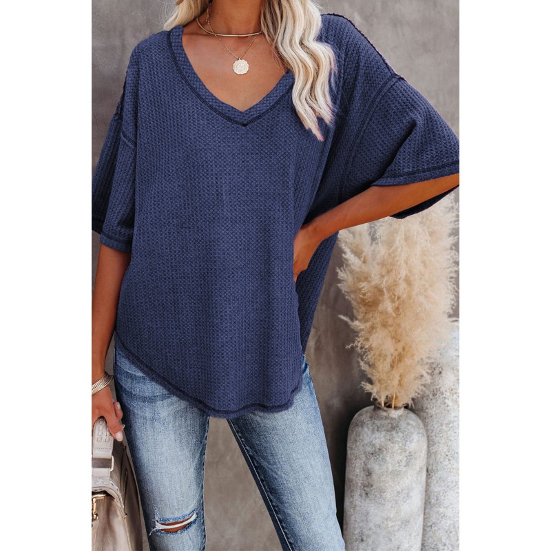 Blue V-Neck Thermal Knit Top