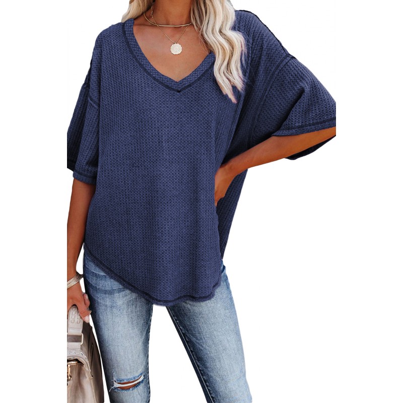 Blue V-Neck Thermal Knit Top