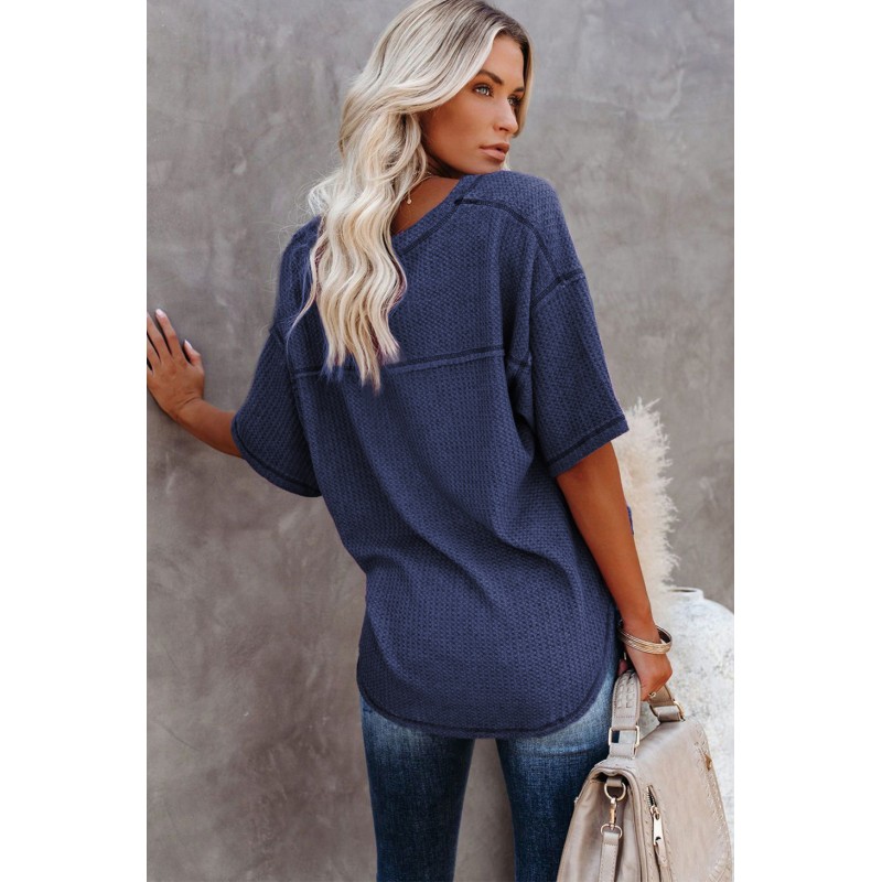 Blue V-Neck Thermal Knit Top