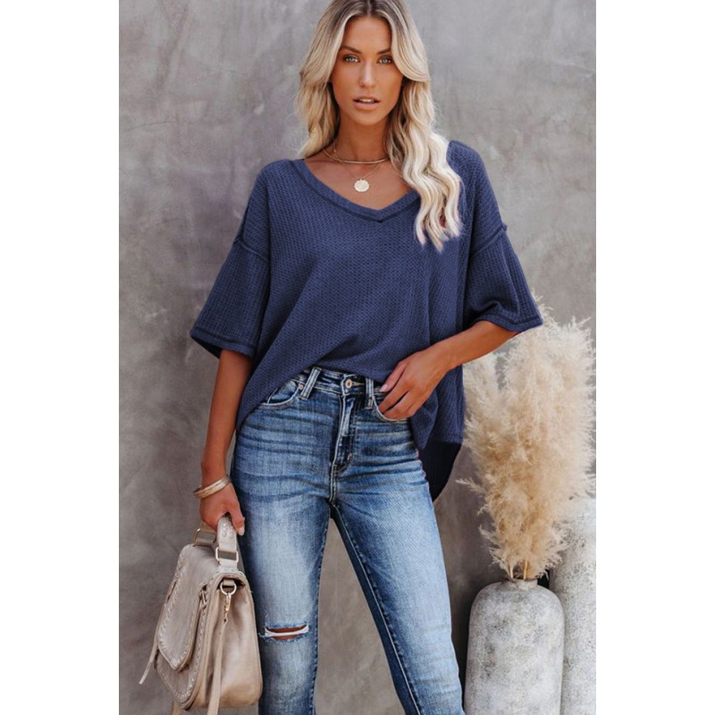 Blue V-Neck Thermal Knit Top