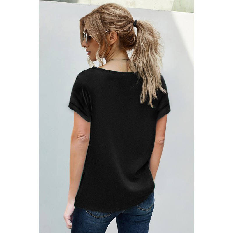 Black Lace V Neck Short Sleeve T-shirt