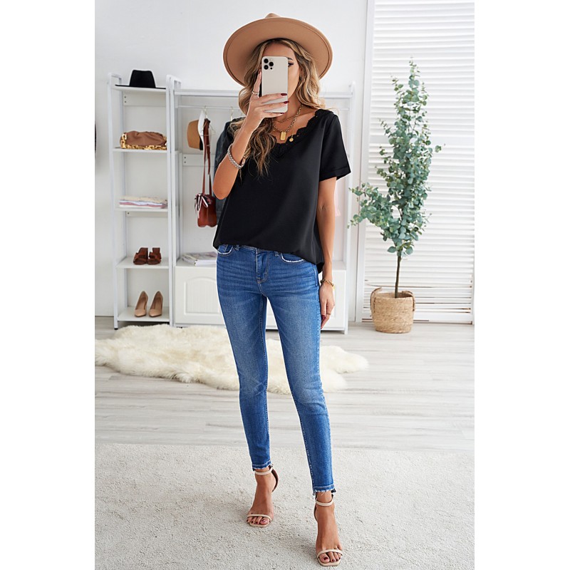 Black Lace V Neck Short Sleeve T-shirt