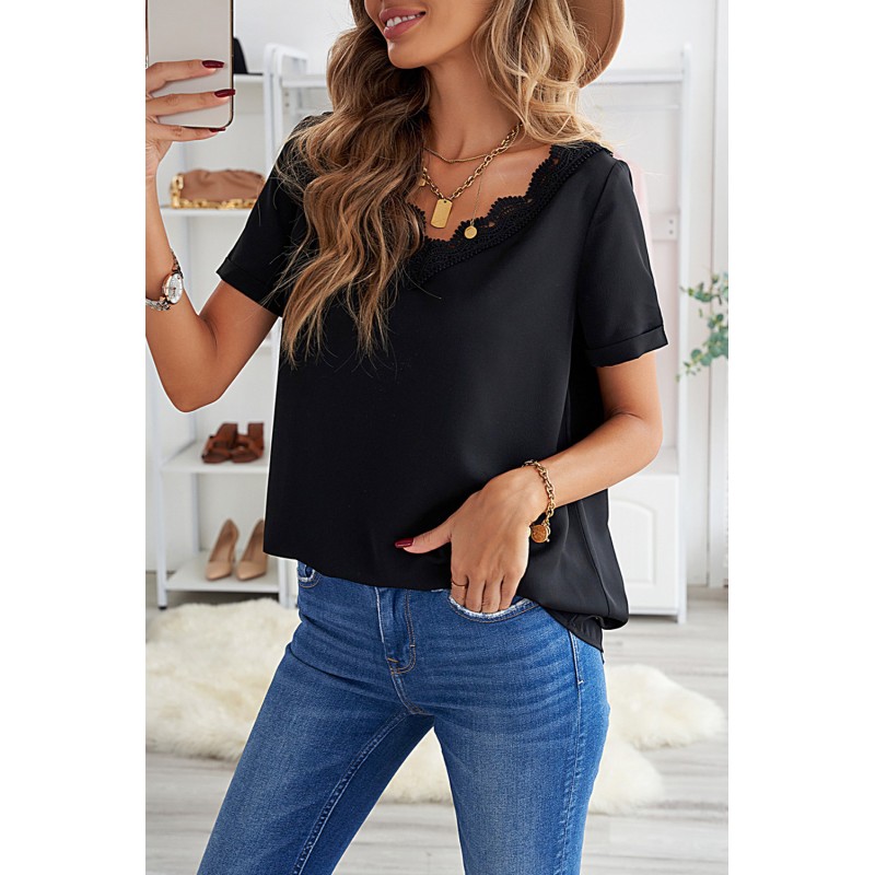 Black Lace V Neck Short Sleeve T-shirt