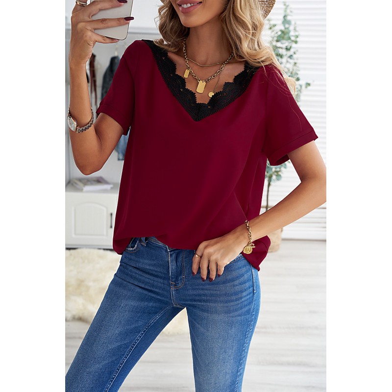 Wine Lace V Neck Short Sleeve T-shirt