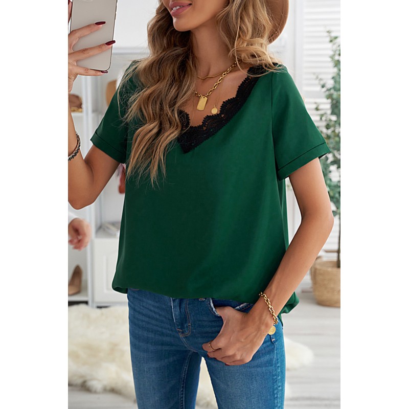 Green Lace V Neck Short Sleeve T-shirt