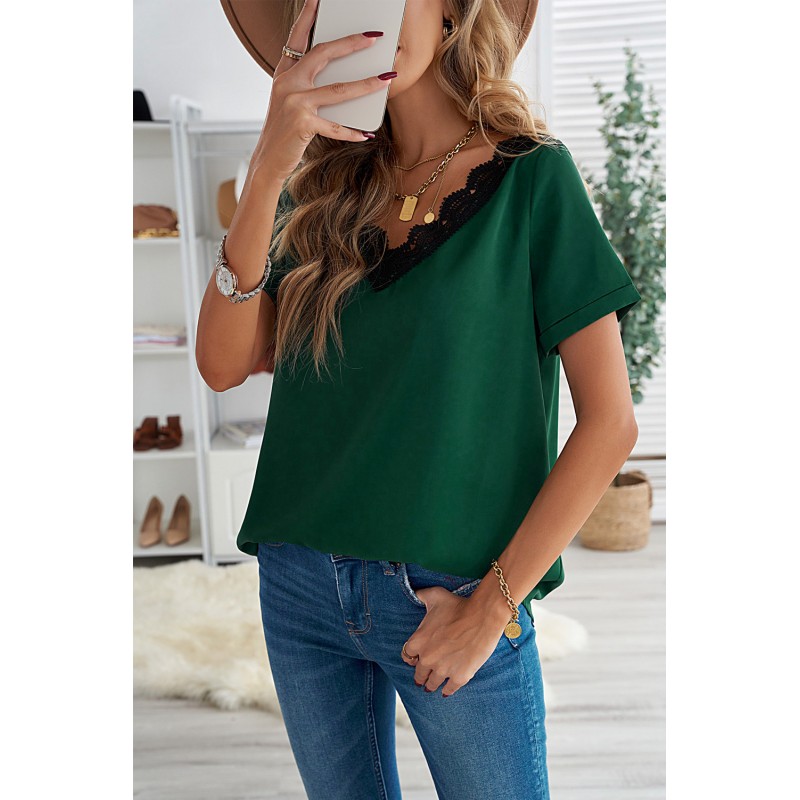 Green Lace V Neck Short Sleeve T-shirt