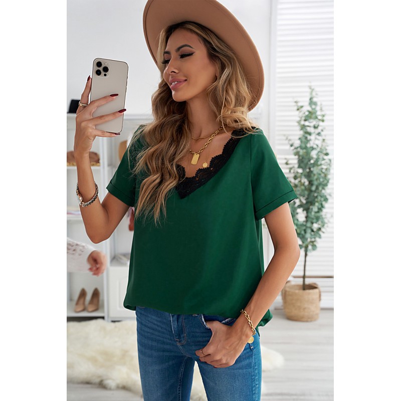 Green Lace V Neck Short Sleeve T-shirt