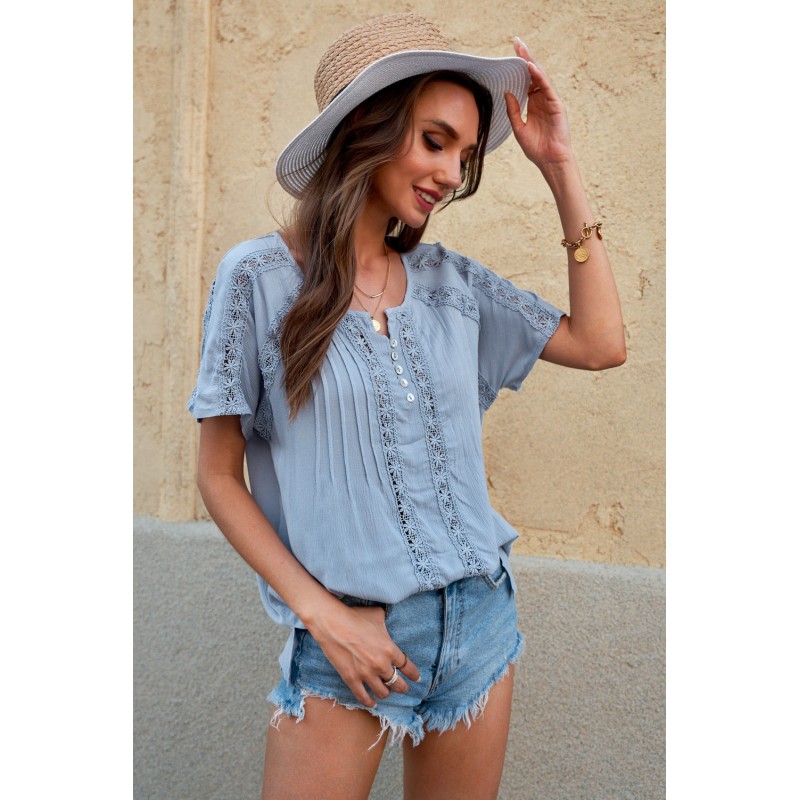 Sky Blue Crochet Eyelet Short Sleeves Top