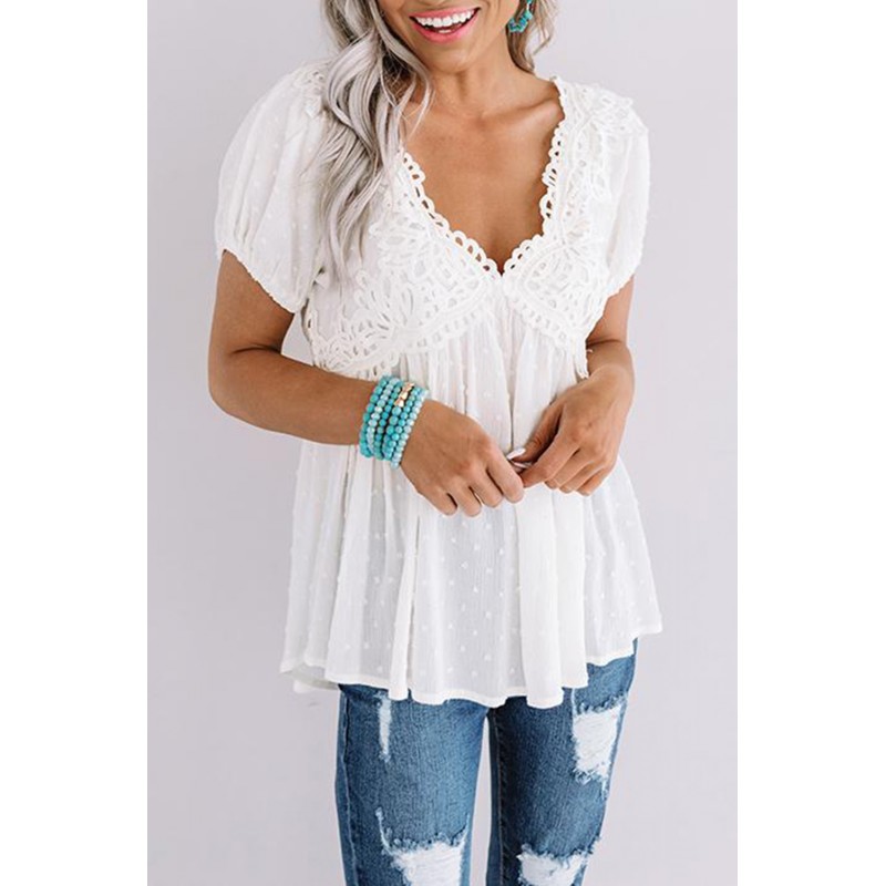 White Short Bubble Sleeves Textured Babydoll Top