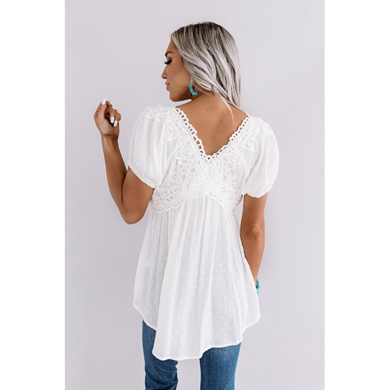 White Short Bubble Sleeves Textured Babydoll Top