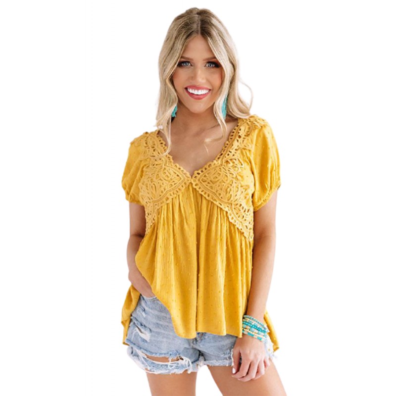 Mustard Short Bubble Sleeves Textured Babydoll Top