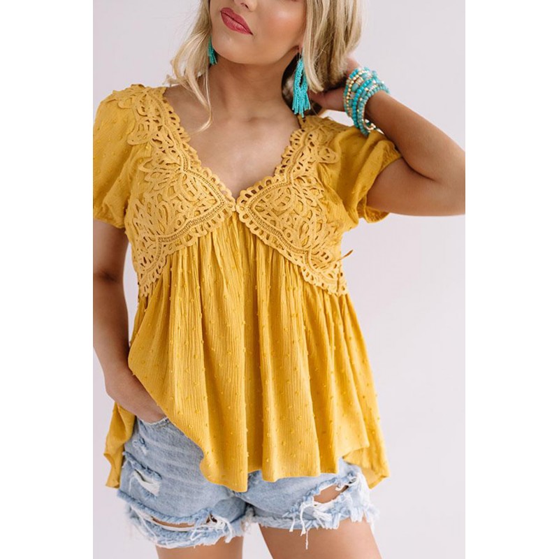 Mustard Short Bubble Sleeves Textured Babydoll Top