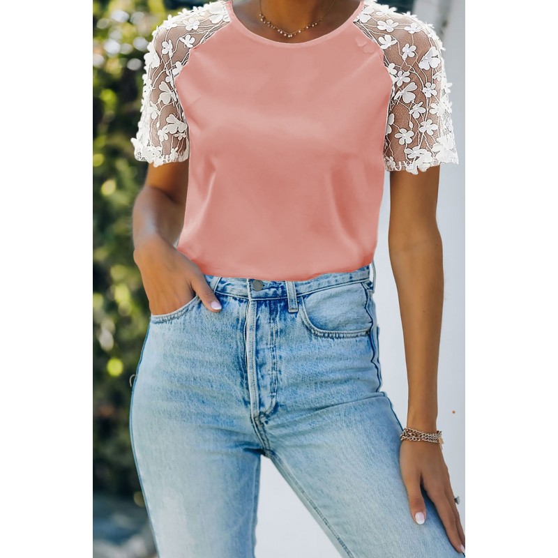 Pink Crewneck Applique Splicing Sleeve Top