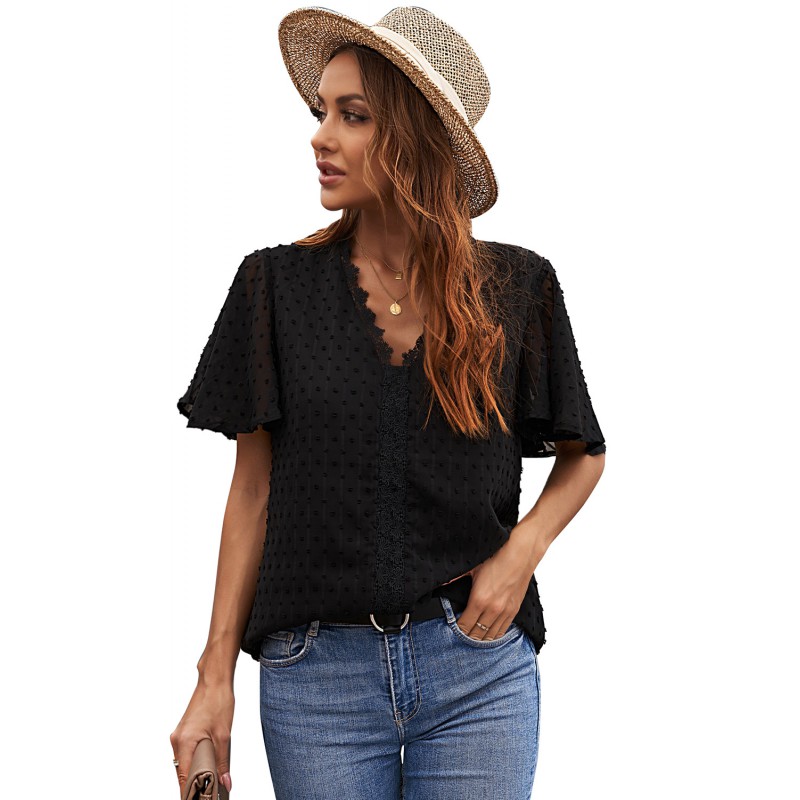 Black Crochet V Neck Swiss Dot Butterfly Sleeve Top