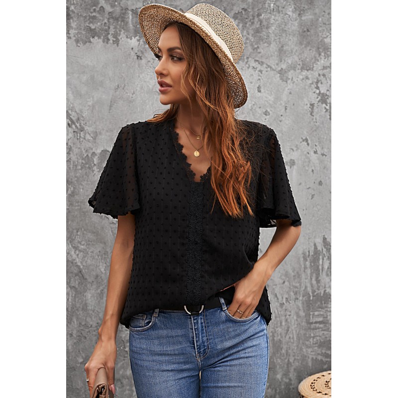 Black Crochet V Neck Swiss Dot Butterfly Sleeve Top