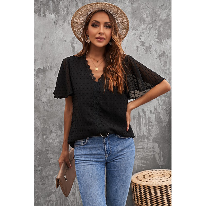 Black Crochet V Neck Swiss Dot Butterfly Sleeve Top