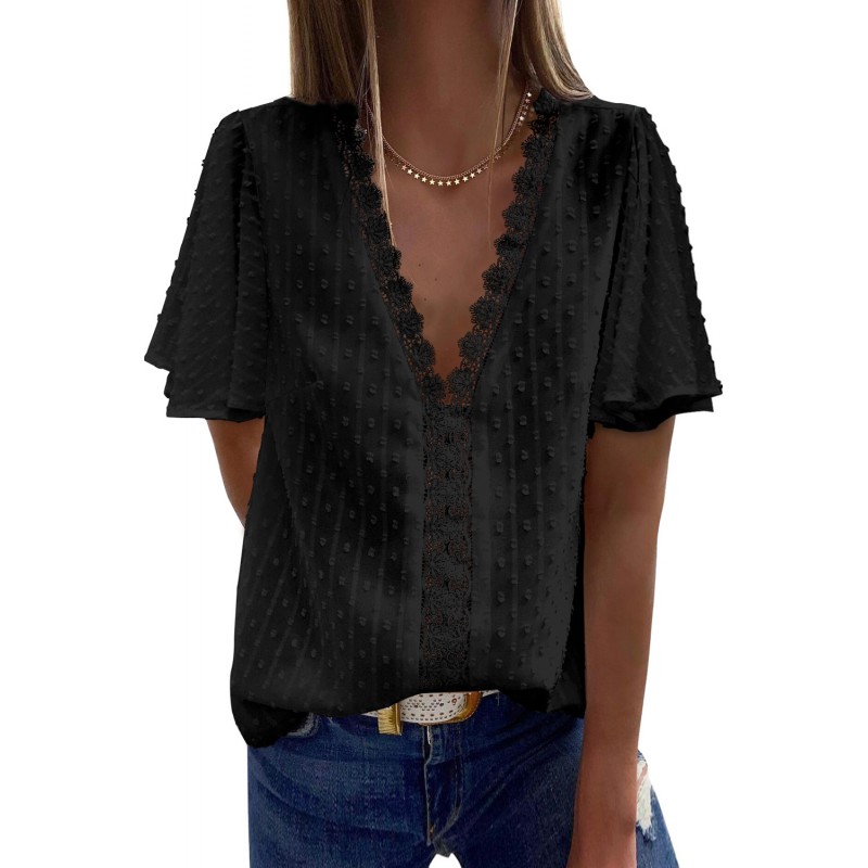 Black Crochet V Neck Swiss Dot Butterfly Sleeve Top