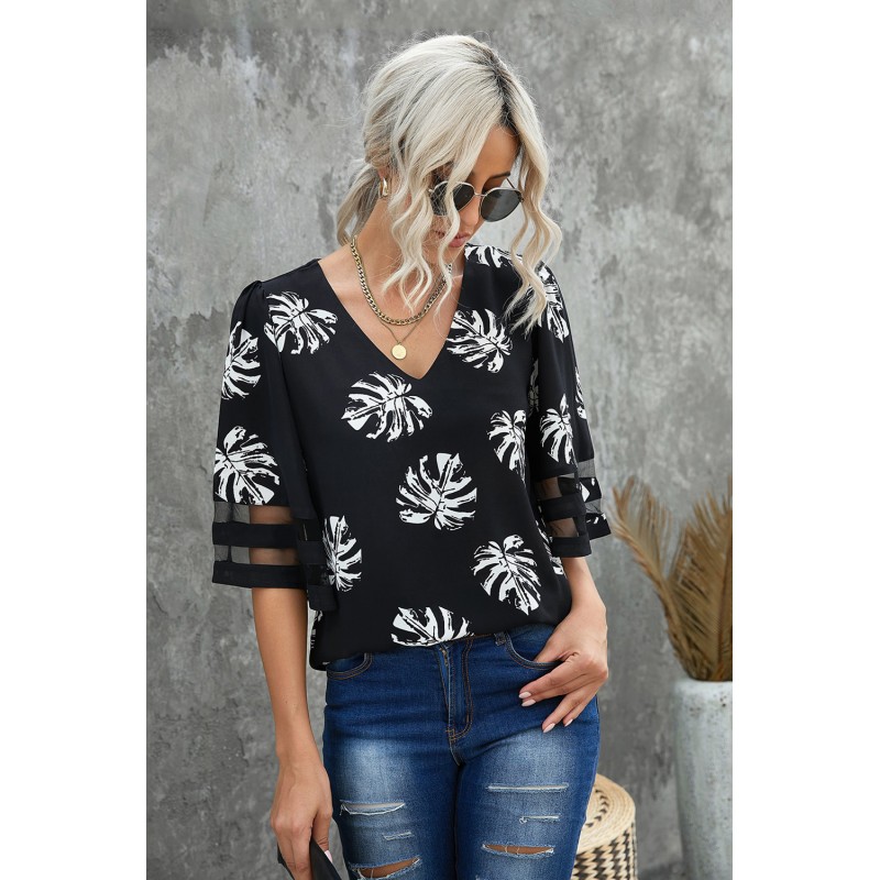 Black V Neck Mesh Splicing Sleeve Palm Leaf Print Top