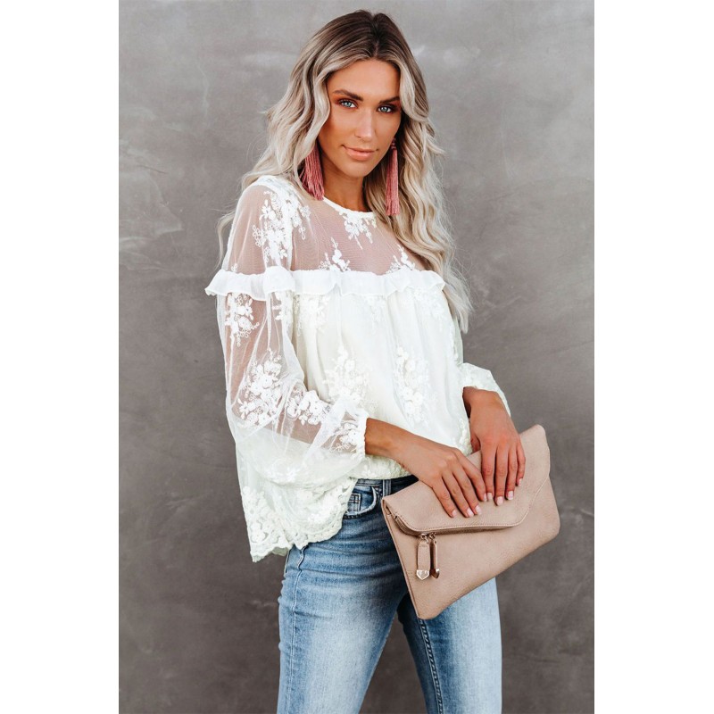 White Solid Color Crewneck Lace Mesh Ruffle Top