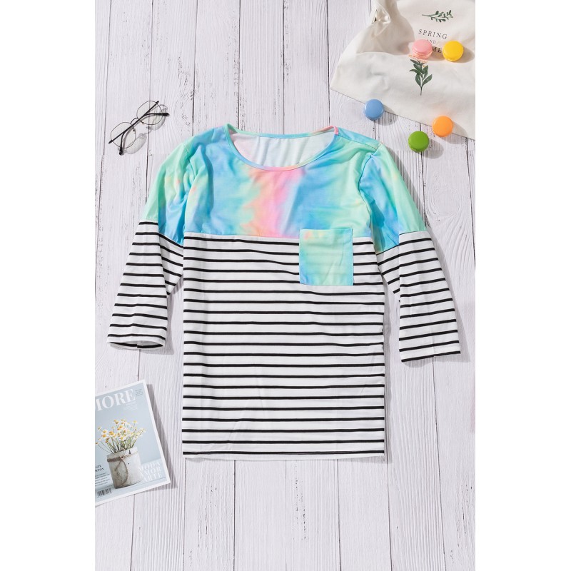 Stripe Tie-dyed Print Pocket 3/4 Sleeve Top