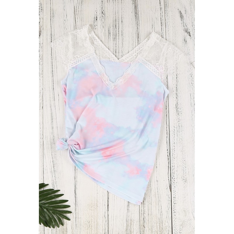 White Lace Splicing V Neck Short Sleeve Tie-dye Top