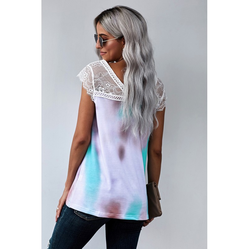 Multicolor Lace Splicing V Neck Short Sleeve Tie-dye Top