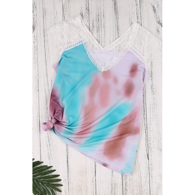 Multicolor Lace Splicing V Neck Short Sleeve Tie-dye Top