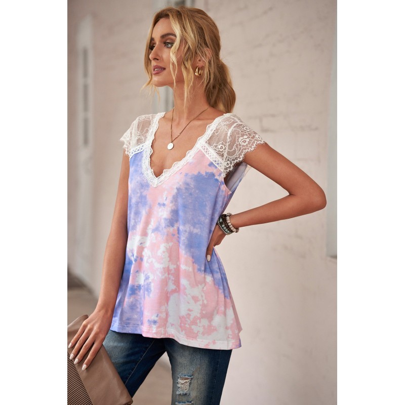 Purple Lace Splicing V Neck Short Sleeve Tie-dye Top