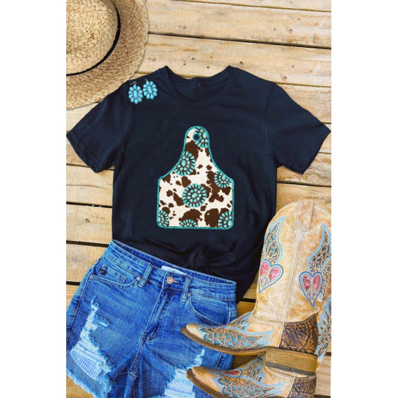 Solid Black Turquoise Cow Ox Horn Tag Graphic Tee