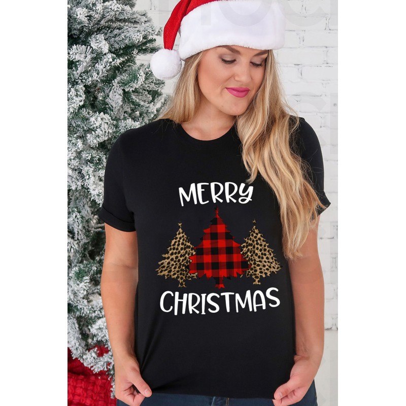 Black Christmas Leopard Plaid Letter Print T Shirt